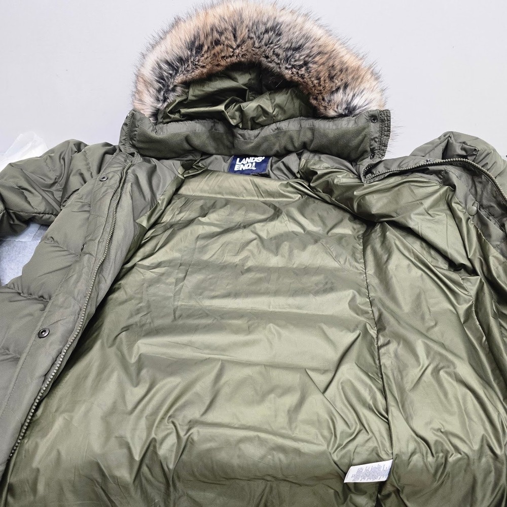 Lands End Down Puffer Coat Jacket M Olive Green Faux Fur Hood Winter Snow Parka - Picture 12 of 16